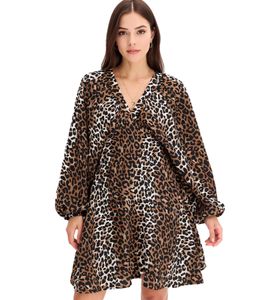 Robe d'été Wild pour femme, imprimé animal, manches ballon, mini-robe courte, 973887 Marron