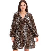 Robe d'été Wild pour femme, imprimé animal, manches ballon, mini-robe courte, 973887 Marron