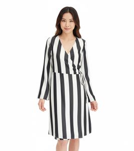 Magnifique robe rayée pour femme, robe portefeuille à col en V, robe midi 978829, noir/blanc