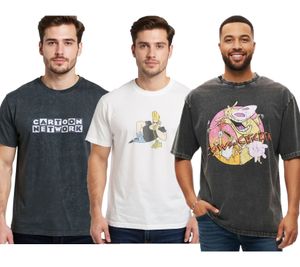 T-shirt da uomo RE:COVERED X Cartoon Network con stampa a fumetti, girocollo in cotone, grigia o bianca