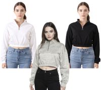 ZEGY Damen Crop-Pullover Half Zip Langarm-Shirt Baumwoll-Pulli Cropped 1073 in Weiß, Schwarz oder Silber