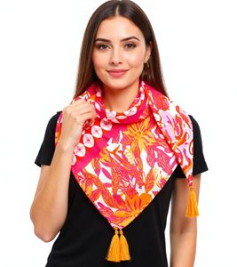 Sciarpa quadrata ZWILLINGSHERZ con fiori hawaiani e decorazioni, sciarpa alla moda 3016Q-2907-90, arancione/rosa