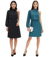 Elegante abito monospalla da donna in raso lucido - Abito da sera 925469 in verde o 919324 in nero