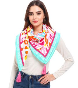 Sciarpa quadrata ZWILLINGSHERZ Floral Dream con stampa "Good Vibes Only" e fiori, modello Fashion 3016Q-0208-21, rosa/turchese/multicolore