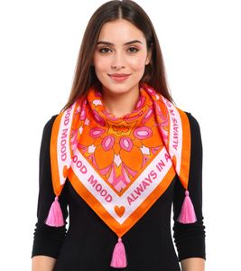 Sciarpa quadrata ZWILLINGSHERZ Always in a good mood con stampa e decorazioni, sciarpa alla moda 3016Q-0209-5 rosa/arancione