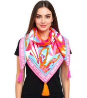 ZWILLINGSHERZ Best Life Square Scarf with Statement Print and Abstract Flowers Fashion Scarf 3016Q-2907-51 Pink/Orange/Multicolored