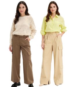 Pantalones cargo para mujer, pantalones casuales, pantalones prácticos para el día a día 966705 Corte recto en marrón o 972109 Pierna ancha y cintura alta en beige