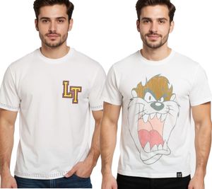 T-shirt da uomo RE:COVERED X LOONEY TUNES con stampa "Diavolo della Tasmania" o "Pallacanestro", girocollo in cotone, bianco-écru