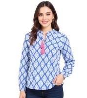 ZWILLINGSHERZ Damen Baumwoll-Bluse Sommer-Bluse mit ovalen Ranken-Muster 33246 Orange/Pink oder Blau/Weiß/Pink