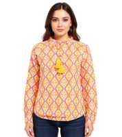 ZWILLINGSHERZ Damen Baumwoll-Bluse Sommer-Bluse mit ovalen Ranken-Muster 33246 Orange/Pink oder Blau/Weiß/Pink