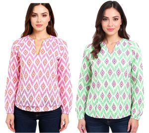 ZWILLINGSHERZ Damen Sommer-Bluse mit auffälligen-Muster Baumwoll Langarmshirt 33227 Weiß/Orange/Pink oder Weiß/Grün/Pink