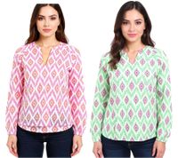 ZWILLINGSHERZ Damen Sommer-Bluse mit auffälligen-Muster Baumwoll Langarmshirt 33227 Weiß/Orange/Pink oder Weiß/Grün/Pink
