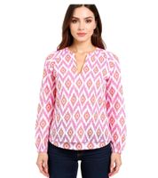 ZWILLINGSHERZ Damen Sommer-Bluse mit auffälligen-Muster Baumwoll Langarmshirt 33227 Weiß/Orange/Pink oder Weiß/Grün/Pink