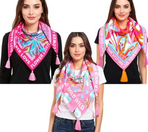Foulard carré à double cœur orné de fleurs et des inscriptions WILD, FLOWER LOVE ou LIVE YOUR BEST LIFE - 3016Q-2907 - Rose/Marron, Rose/Turquoise ou Rose/Orange