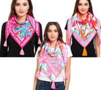 ZWILLINGSHERZ Vierecks-Tuch mit Blumen und WILD, FLOWER LOVE oder LIVE YOUR BEST LIFE Schriftzug Mode-Tuch 3016Q-2907 Pink/Braun, Pink/Türkis oder Pink/Orange