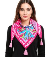 ZWILLINGSHERZ Vierecks-Tuch mit Blumen und WILD, FLOWER LOVE oder LIVE YOUR BEST LIFE Schriftzug Mode-Tuch 3016Q-2907 Pink/Braun, Pink/Türkis oder Pink/Orange