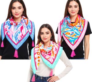Écharpe carrée ZWILLINGSHERZ avec imprimé floral ou corail et inscription « Good Vibes Only » - 3016Q Rose/Turquoise, Bleu/Rose ou Rose/Multicolore