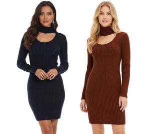 Robe courte en maille pour femme, col roulé et détails à l'encolure, manches longues, marron acajou ou bleu marine