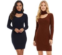 Robe courte en maille pour femme, col roulé et détails à l'encolure, manches longues, marron acajou ou bleu marine