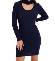 Robe courte en maille pour femme, col roulé et détails à l'encolure, manches longues, marron acajou ou bleu marine