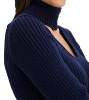 Robe courte en maille pour femme, col roulé et détails à l'encolure, manches longues, marron acajou ou bleu marine