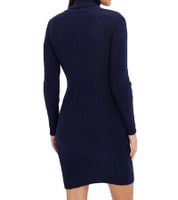Robe courte en maille pour femme, col roulé et détails à l'encolure, manches longues, marron acajou ou bleu marine