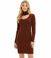Robe courte en maille pour femme, col roulé et détails à l'encolure, manches longues, marron acajou ou bleu marine