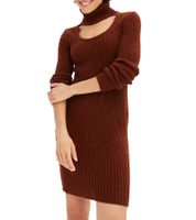 Robe courte en maille pour femme, col roulé et détails à l'encolure, manches longues, marron acajou ou bleu marine