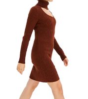 Robe courte en maille pour femme, col roulé et détails à l'encolure, manches longues, marron acajou ou bleu marine