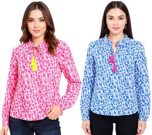 Chemisier d'été femme ZWILLINGSHERZ « Léopard coloré » imprimé léopard 33224 Bleu/Rose ou Rose/Jaune/Blanc