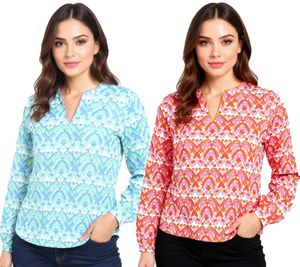 Chemisier tunique d'été ZWILLINGSHERZ « Joyful » pour femme, orné de détails (réf. 33236), coloris orange/rose/blanc ou bleu/rose/blanc/vert