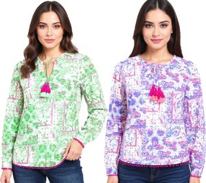 ZWILLINGSHERZ Baumwoll-Bluse Damen Sommer-Bluse mit Allover-Paisley-Muster 33214 Blau/Pink/Weiß oder Grün/Pink/Weiß