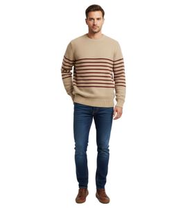 Stylish ESPRIT Men's Striped Knit Sweater, Crew Neck, Cotton Sweater, Beige
