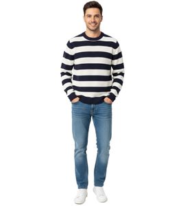 Stylish ESPRIT Men's Striped Knit Sweater, Crew Neck, Cotton Pullover, Dark Blue/White