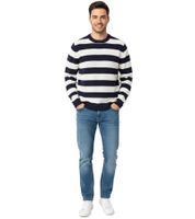 Stylish ESPRIT Men's Striped Knit Sweater, Crew Neck, Cotton Pullover, Dark Blue/White