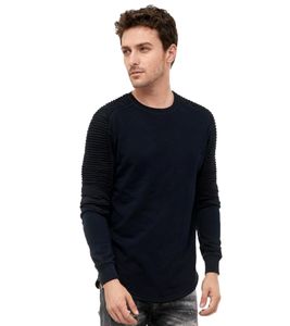 Urban sweatshirt for men with ribbed sleeve design, pullover sweater 19056, navy blue