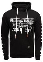 Trendy men's hoodie with bold front print. Hooded pullover with kangaroo pocket. Sweater 19138 Black