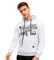 Felpa con cappuccio da uomo alla moda con stampa frontale audace. Maglione con cappuccio e tasca a marsupio. Maglione 19138 Grigio