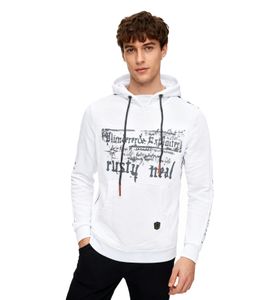 Felpa con cappuccio da uomo alla moda con stampa frontale audace. Maglione con cappuccio e tasca a marsupio. Maglione 19138 Bianco