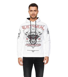 Felpa con cappuccio da uomo alla moda, pullover con cappuccio e stampa rock, maglione/felpa 19148, bianco