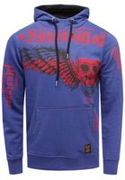 Stylish hooded sweater with trendy print for men, pullover sweater 19149, navy blue