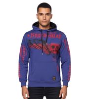Stylish hooded sweater with trendy print for men, pullover sweater 19149, navy blue