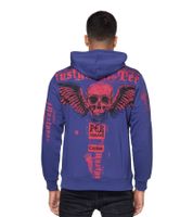 Stylish hooded sweater with trendy print for men, pullover sweater 19149, navy blue