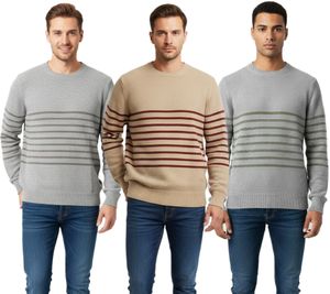 Stylischer ESPRIT Herren Strick-Pullover mit Streifen Rundhals-Sweater Baumwoll-Pullover in Grau/Dunkelgrau, Beige/Bordeaux oder Grau/Grün