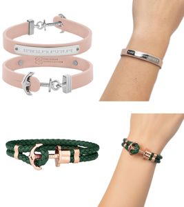 Bracelet femme Paul Hewitt avec fermoir ancre, jonc en cuir véritable, bracelet en acier inoxydable vert ou beige