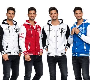 Casual men's college-style hooded sweatshirt 6876 in red/white, blue/white, or white/black