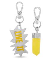 Elegante set de charms Calvin Klein Downtown: Colgantes de acero inoxidable con resina en contraste y la inscripción "LIVE IT" - Accesorios para bolsos - 7 x 1,3 cm - KJJCJA090100 - Plateado/Amarillo