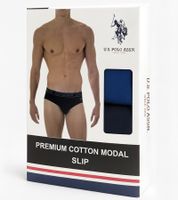 2er Pack U.S. POLO ASSN. Premium Herren Slips Unterhose nachhaltige Unterwäsche 180 g/m² 134 68263 53696 in Grau/Schwarz, Blau/Navy, Grün/Rot, Orange/Grau