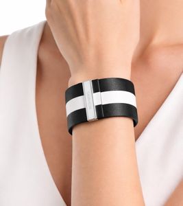 Modern Calvin Klein Women's Genuine Leather Bracelet with Wide Contrast Stripe, Size XS 15cm, KJ9KBB0901, Black/White