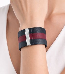 Elegant Calvin Klein women's genuine leather bracelet with wide contrast stripe, arm jewelry, size XS (15cm), KJ9KAB0901, anthracite/red